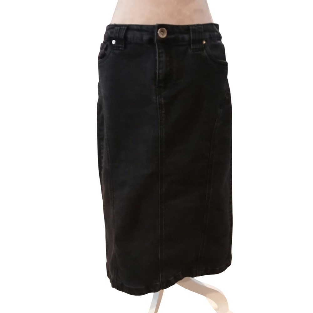 Christopher & Banks Petite Black Denim Midi Pencil Skirt Size 10P Stretch Wash